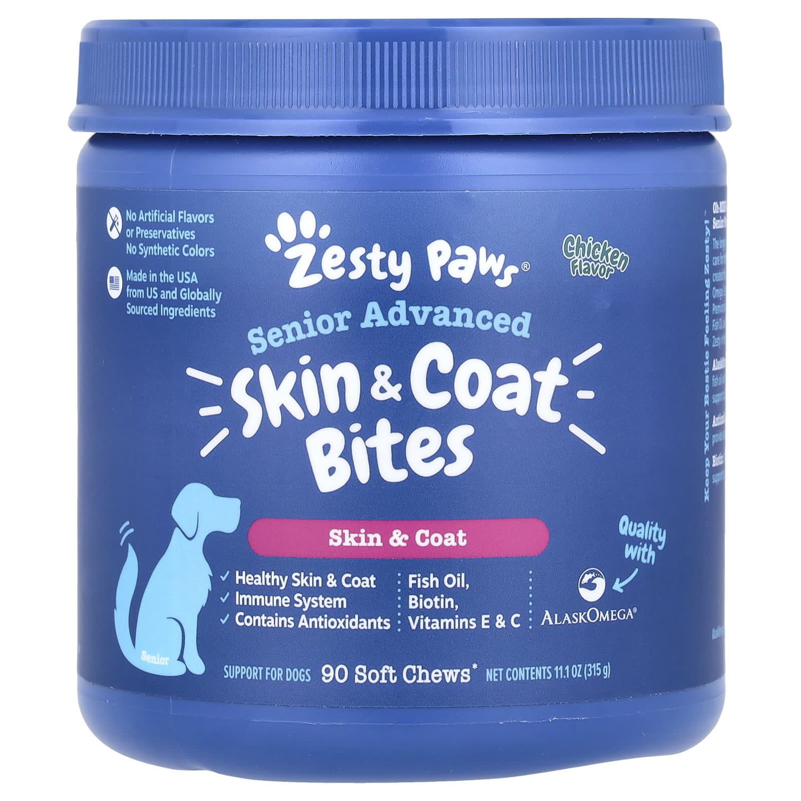 Zesty Paws, Senior Advanced, Skin & Coat Bites, For Dogs, Chicken, 90 Soft Chews, 11.1 oz (315 g)