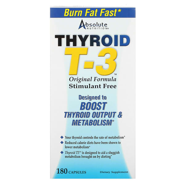 Absolute Nutrition, Thyroid T-3 (Щитовидная железа T-3), оригинальная формула, 180 капсул