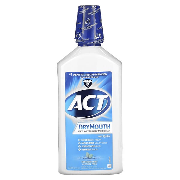 Act, 口乾緩解防蛀含氟木糖醇漱口水，無乙醇，舒緩薄荷味，33.8 液量盎司（1 升）