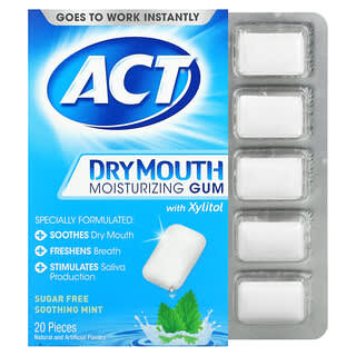 Act, Goma de mascar humectantes para la boca seca con xilitol, sin azúcar, menta calmante, 20 piezas