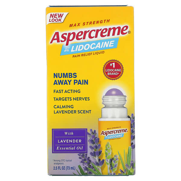 Aspercreme, Max Strength Pain Relief Liquid、4% Lidocaine、ラベンダーエッセンシャルオイル配合、73ml（2.5液量オンス）