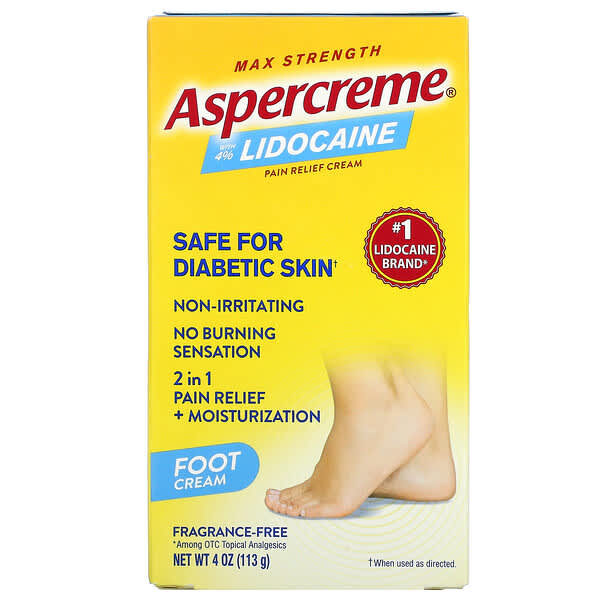 Aspercreme‏, كريم تخفيف آلام القدمين مع 4٪ ليدوكايين، القوة القصوى، خالٍ من العطور، 4 أونصات (113 جم)