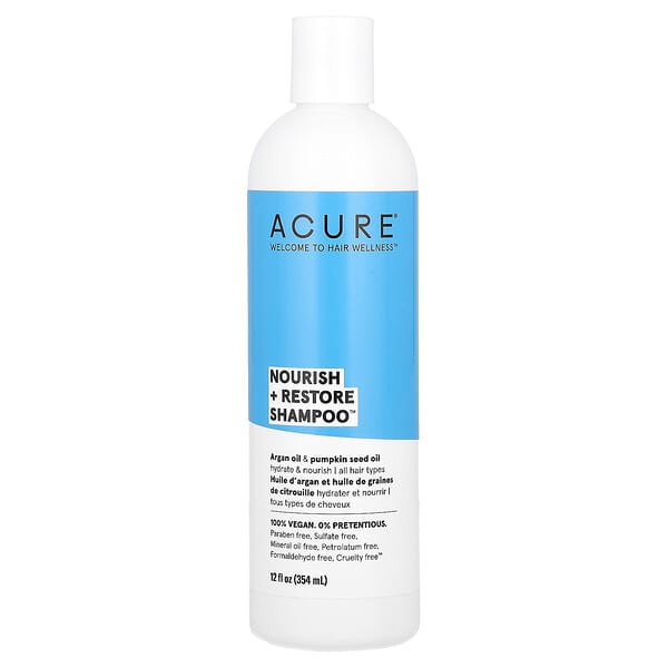 ACURE, Nourish + Restore Shampoo, All Hair Types, Argan Oil &amp; Pumpkin Seed Oil, 12 fl oz (354 ml)
