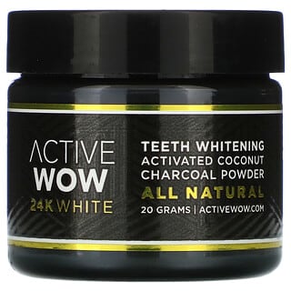 Active Wow, Blanco de 24 quilates, Carbón vegetal en polvo totalmente natural para blanquear los dientes, Coco activado, 20 g