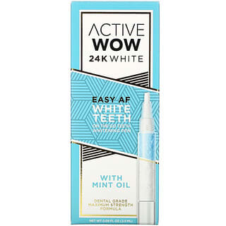 Active Wow, Stylo de blanchiment des dents blanc 24K Easy AF avec huile de menthe, 2,5 ml