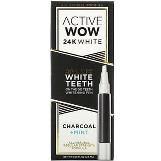 Active Wow, Branco 24K, Caneta Clareadora de Dentes Brilhante, Carvão + Hortelã, 2,5 ml (0,09 fl oz)
