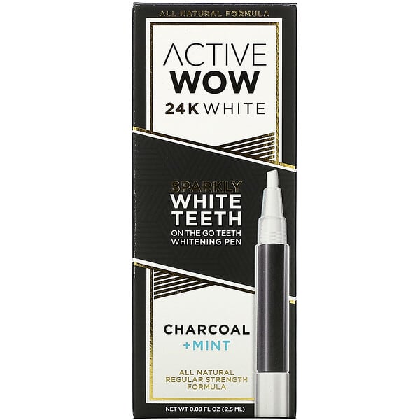 Active Wow, 24K White, Sparkly Teeth Whitening Pen, Charcoal + Mint, 0.
