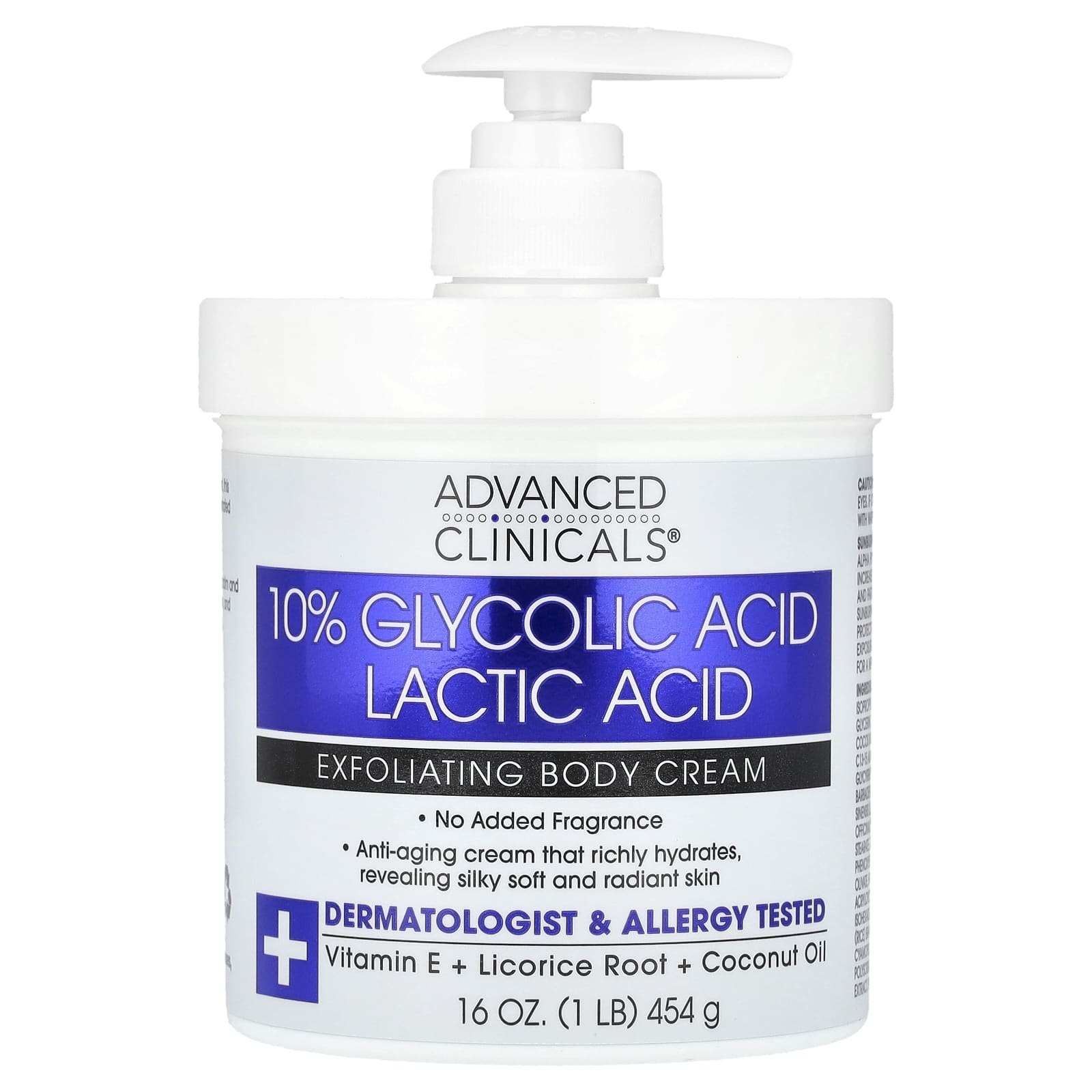 Advanced Clinicals, 10 Glycolic Acid Lactic Acid Exfoliating Body Cream, 16 oz (454 g)