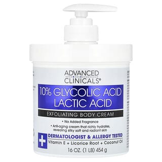 Advanced Clinicals, 10% Glycolic Acid Lactic Acid Exfoliating Body Cream, 16 oz (454 g)