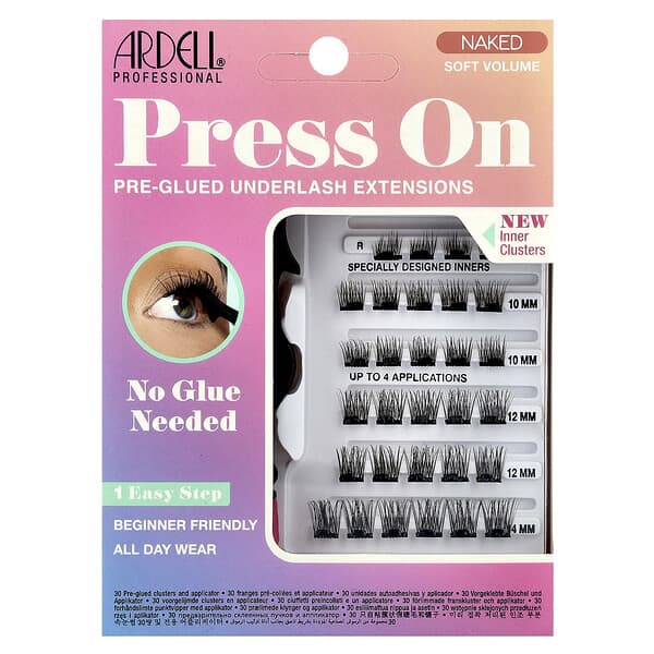 Ardell, Press On, предварително залепени удължавания на подмиглите, Soft Volume, Naked, 30 предварително залепени клъстера и апликатор