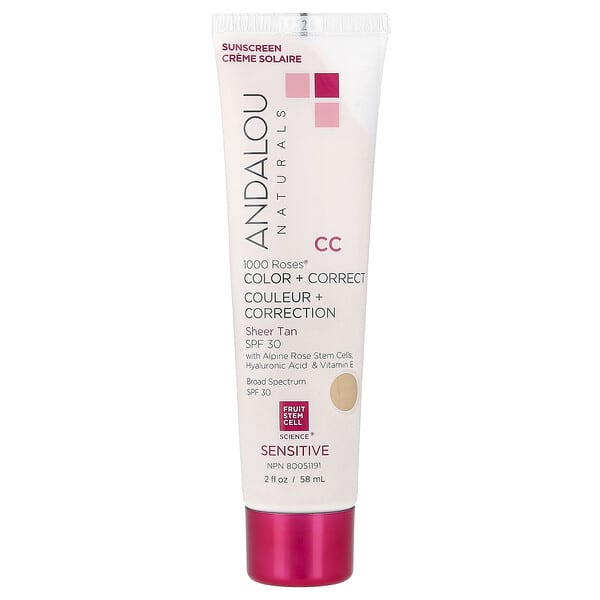 Andalou Naturals, 1000 roses®, 컬러 + 코렉트, 민감성, SPF 30, 시어 탠, 58ml(2fl oz)