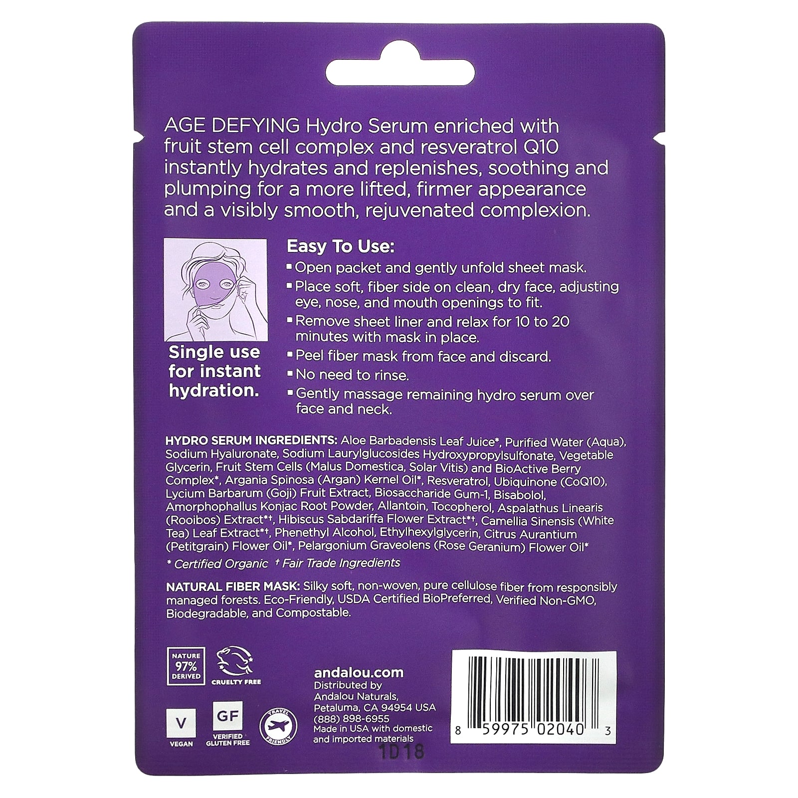 Andalou Naturals, Instant Lift & Firm, Hydro Serum Beauty Facial Mask ...