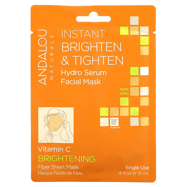 Andalou Naturals, Instant Brighten &amp; Tighten, Hydro Serum Beauty Facial Mask, 1 Single Use Fiber Sheet Mask, 0.6 fl oz (18 ml)