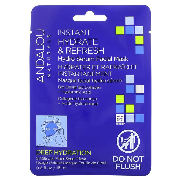 Andalou Naturals, Instant Hydrate &amp; Refresh, Hydro Serum Beauty Facial Mask, 1 Fiber Sheet, 0.6 fl oz (18 ml)