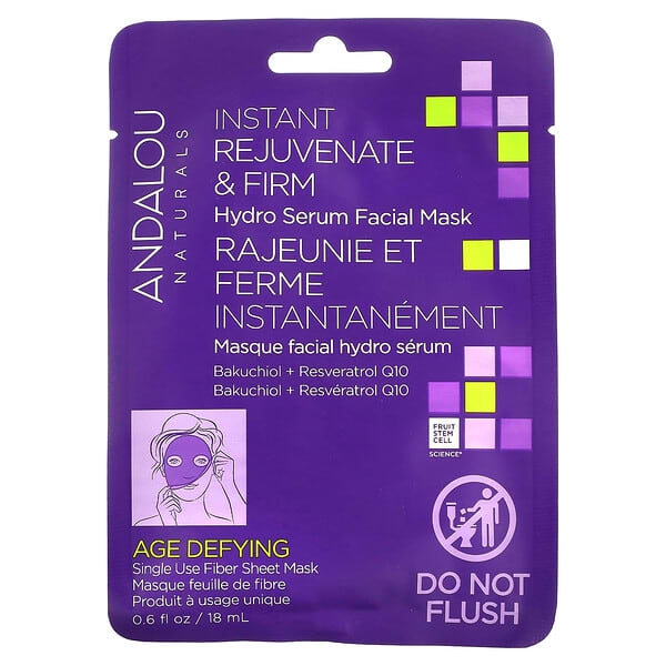 Andalou Naturals, Instant Rejuvenate &amp; Firm, Hydro Serum Beauty Facial Mask, 1 Fiber Sheet, 0.6 fl oz (18 ml)