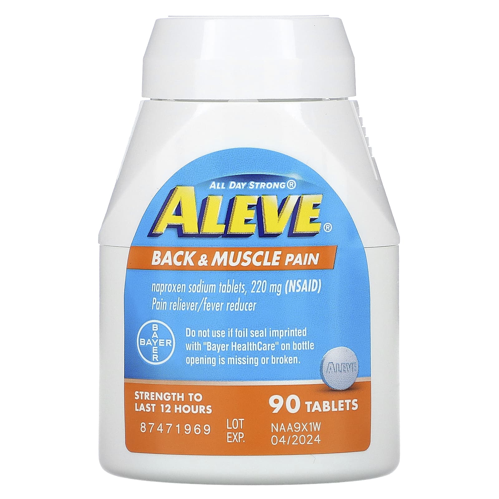 Aleve, Naproxen Sodium Tablets, Back & Muscle Pain, 220 Mg, 90 Tablets