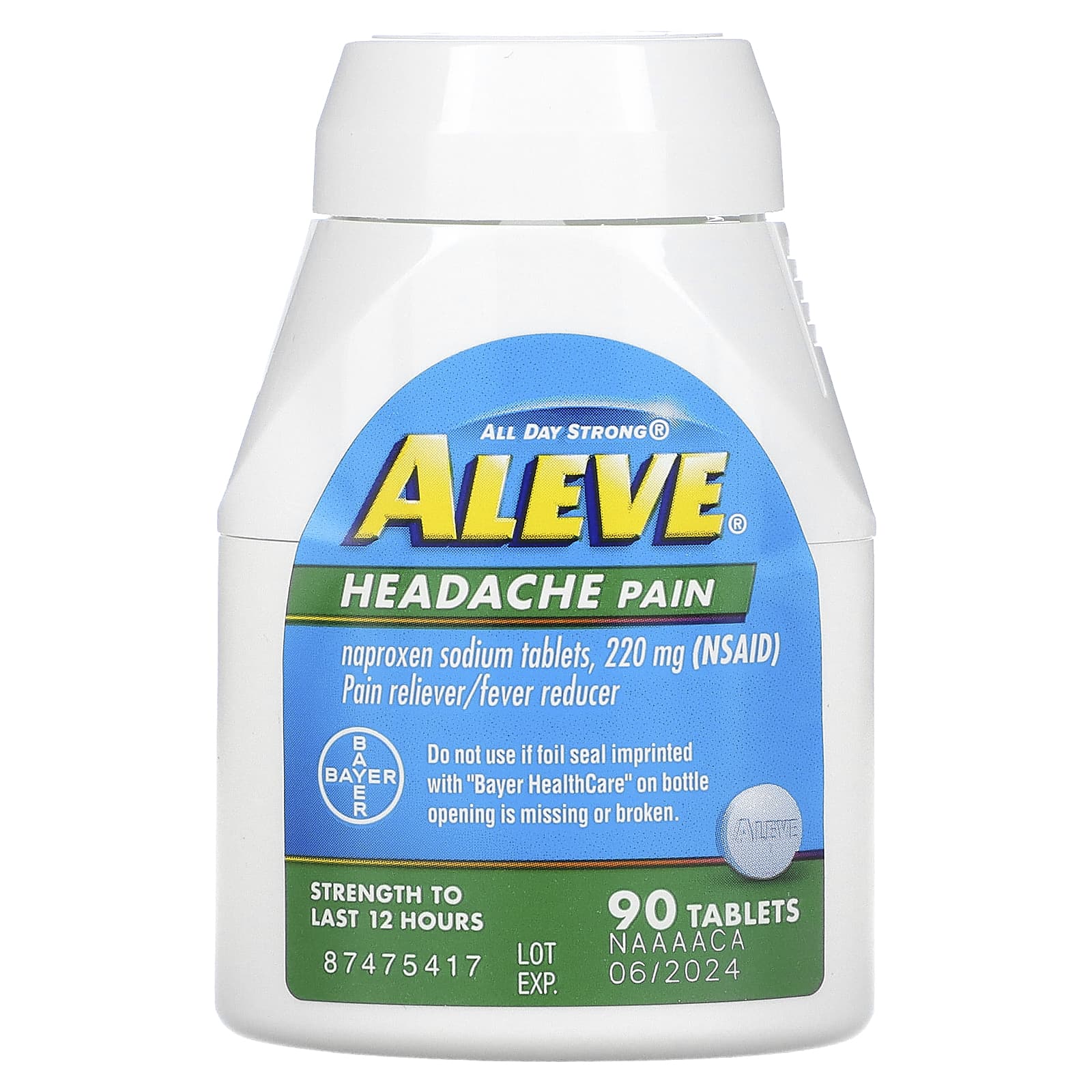 Aleve, Naproxen Sodium Tablets, Headache Pain, 220 mg, 90 Tablets
