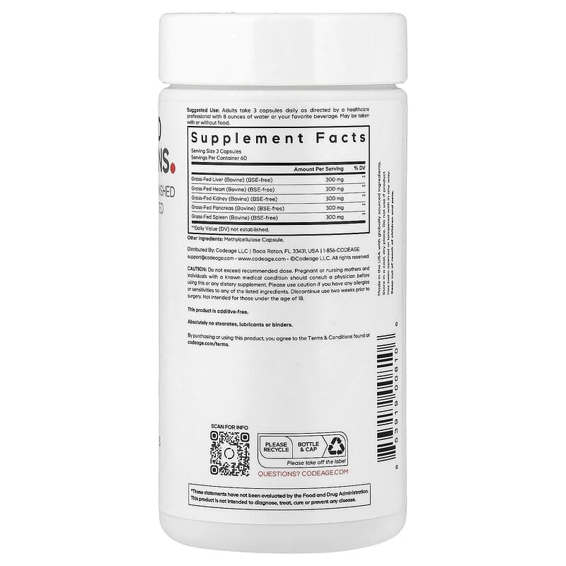 Codeage, Grass-Fed Beef Offal, 180 Vegetable Capsules