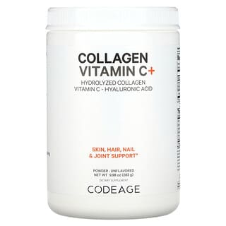 Codeage‏, אבקת קולגן ויטמין C +, קולגן שעבר הידרוליזה, ויטמין C, חומצה היאלורונית, ללא טעם, 283 גרם (9.98 אונקיות)