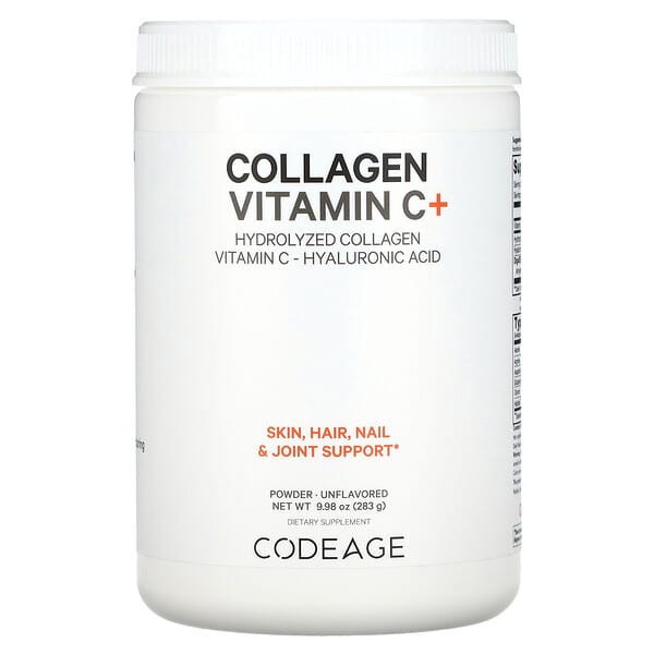 Codeage, 膠原蛋白維生素 C + 粉，水解膠原蛋白，維生素 C，透明質酸，原味，9.98 盎司（283 克）