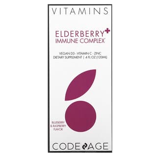 Codeage, Vitamins, kompleks z czarnego bzu+ Immune Complex, wegańska D3, witamina C, cynk, jagoda i malina, 120 ml