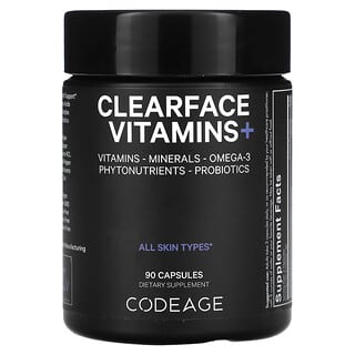 Codeage, Vitaminas, Clearface, Suplemento que favorece la eliminación de imperfecciones, Todo tipo de piel, 90 cápsulas