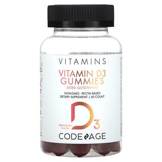 Codeage, Vitamin D3 Gummies, Non-GMO, Pectin Based, Fruchtgummis mit Vitamin D, ohne Gentechnik, auf Pektinbasis, Erdbeere, 60 Fruchtgummis