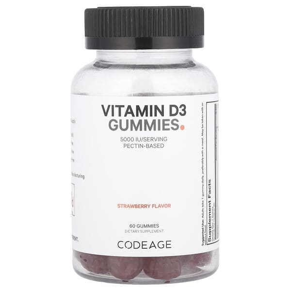 Codeage Vitamin D3 Gummies, Strawberry, 5000 IU, 60 Gummies