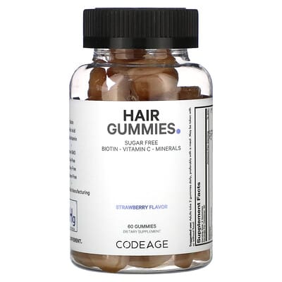 Codeage, Vitamins, Hair Care Gummies, Sugar-Free, Biovitamins, Vitamin C, Minerals, Strawberry Coconut, 60 Gummies
