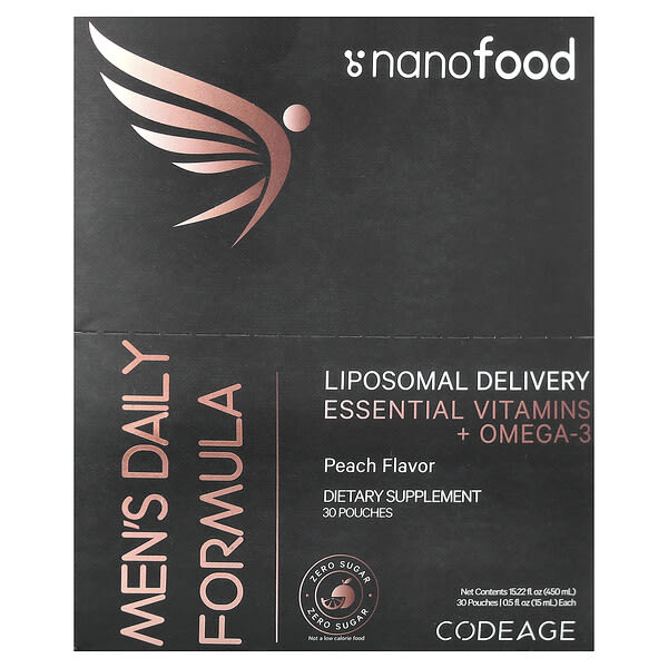 Codeage Nanofood, Men's Daily Formula, Liposomal Delivery, Essential Vitamins + Omega-3, Peach, 30 Pouches, 0.5 fl oz (15 ml) Each