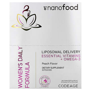 Codeage, Nanofood, Women‘s Daily Formula, Liposomal Delivery, Essential Vitamins + Omega-3, tägliche Formel für Frauen, liposomale Zufuhr, essenzielle Vitamine + Omega-3, Pfirsichgeschmack, 30 Beutel, je 15 ml (0,5 fl. oz.)