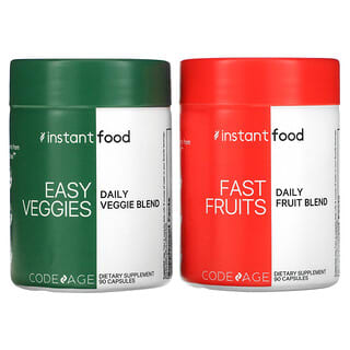 Codeage, Miscela vegetariana quotidiana di Easy Veggies / Miscela giornaliera di frutta Fast Fruits, 2 flaconi, 90 capsule ciascuno
