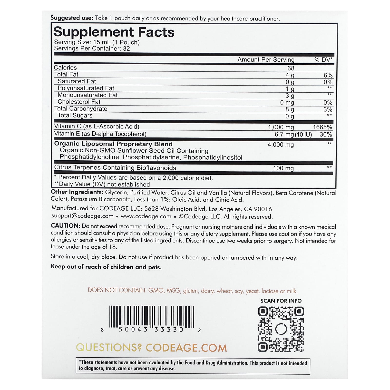 Codeage, Liposomal Vitamin C, Citrus Vanilla, 1,000 mg, 32 Pouches, 0.5 ...