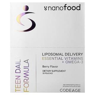 Codeage, Nanofood，青少年日常配方，脂质体输送，必需维生素 + Omega-3，浆果味，30 袋，每袋 0.5 液量盎司（15 毫升）