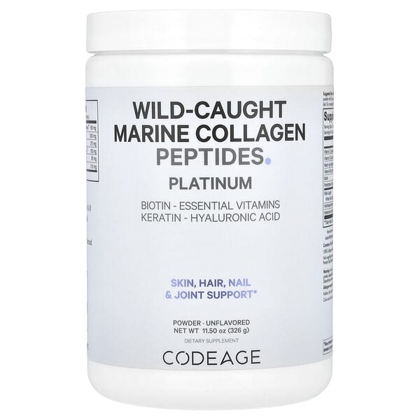 Codeage, 鉑金，海洋膠原蛋白肽粉，生物維生素、角蛋白、透明質酸，原味，11.5 盎司（326 克）
