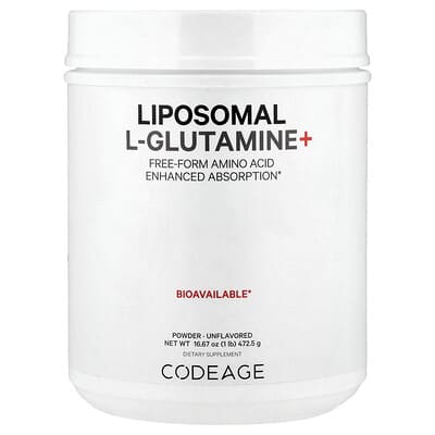 Codeage, Liposomal L-Glutamine+ Powder, Free Amino Acids, Enhanced Absorption, Unflavored, 5000 mg, 1 lb (472.5 g)