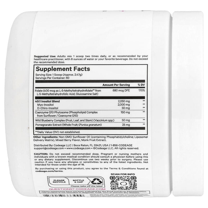 Codeage, Liposomal Ovarian Inositol+ Powder, Mixed Berry, 5.2 oz (148.2 g)