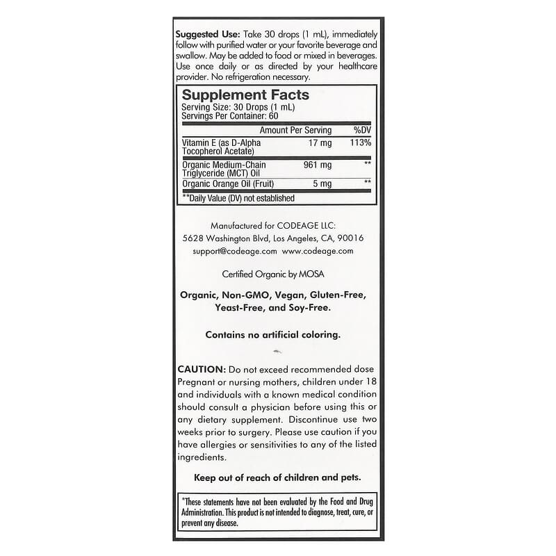 Vitamina E+ líquida, Sin sabor, 59,2 ml (2 oz. líq.)