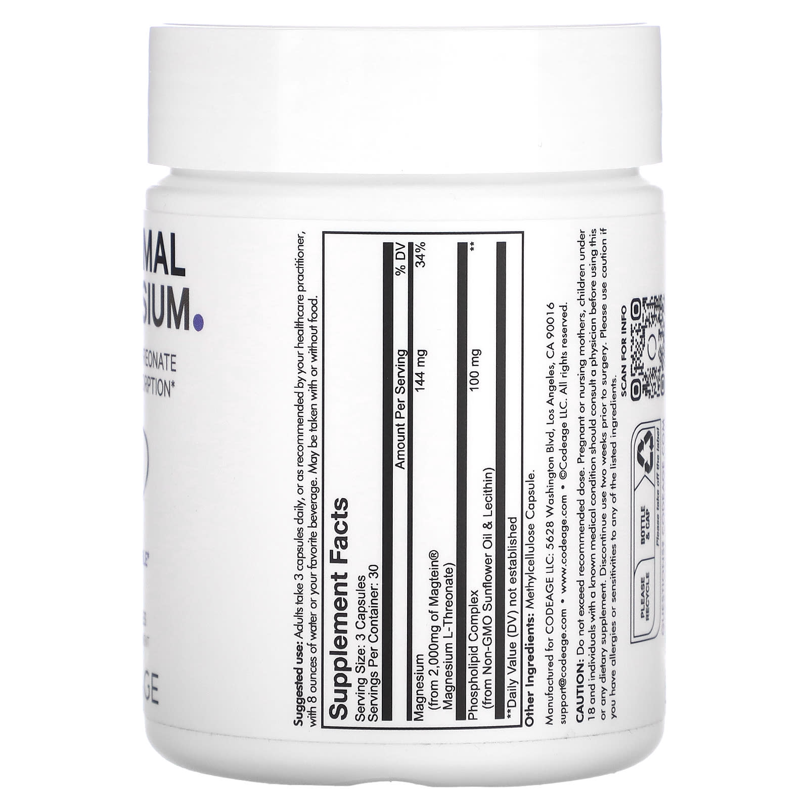 Codeage, Liposomal Magnesium LThreonate, 90 Capsules