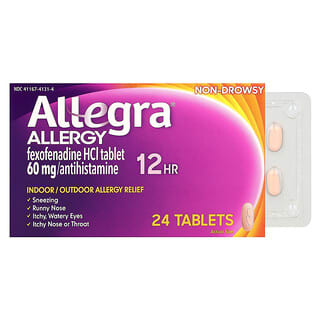 Allegra, Allergy, 12 HR, проти сонливості, 24 таблетки