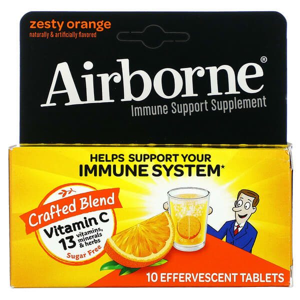 AirBorne (إيربورن)‏, مكمل غذائي داعم للمناعة، نكهة البرتقال، 10 أقراص فوارة