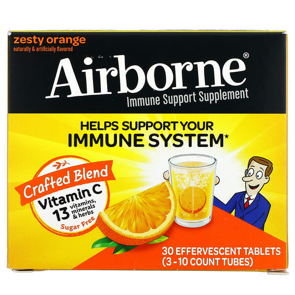 AirBorne, добавка для поддержки иммунной системы, со вкусом апельсина, 3 пробирки, по 10 шипучих таблеток