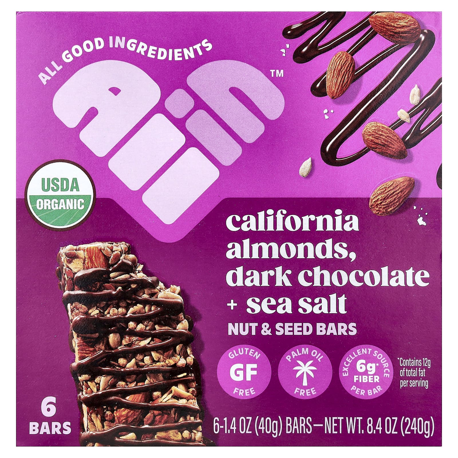 All In, Nut & Seed Bars, California Almonds, Dark Chocolate + Sea Salt, 6 Bars, 1.4 oz (40 g) Each