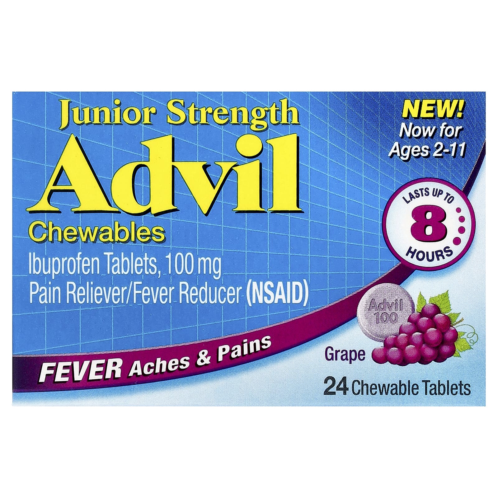 Junior Strength, Ibuprofen Tablets, Ages 2-11, Grape, 100 mg, 24 Chewable  Tablets
