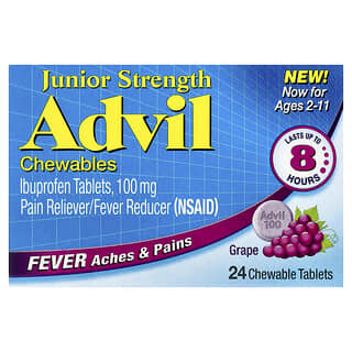 Advil, Junior Strength, жевательные таблетки, для возраста 2–11 лет, виноград, 100 мг, 24 жевательные таблетки