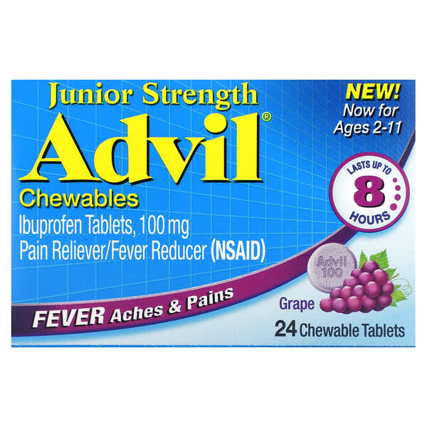 Advil, Junior Strength เม็ดเคี้ยว เด็กอายุ 2-11 ปี รสองุ่น บรรจุเม็ดเคี้ยว 24 เม็ด