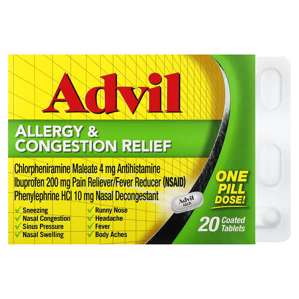 Advil, บรรเทาอาการแพ้และคัดจมูก บรรจุเม็ดเคลือบ 20 เม็ด