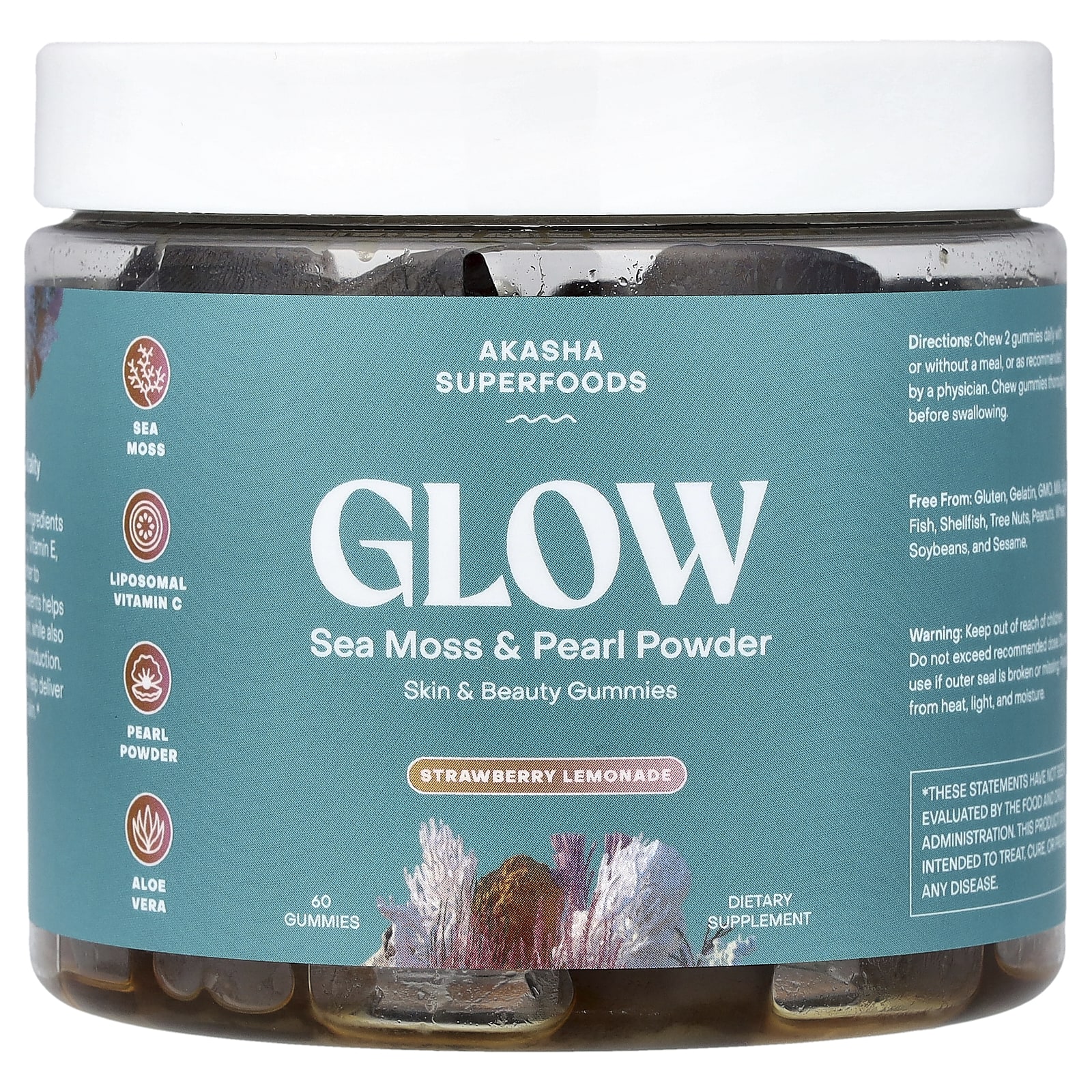 Akasha Superfoods, Glow, порошок из морского мха и жемчуга, со вкусом клубничного лимонада, 60 жевательных таблеток