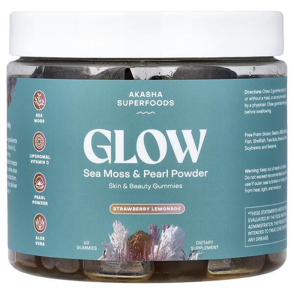 Akasha Superfoods, Glow, 바다이끼 & 진주 분말, 딸기 레모네이드 맛, 구미젤리 60개