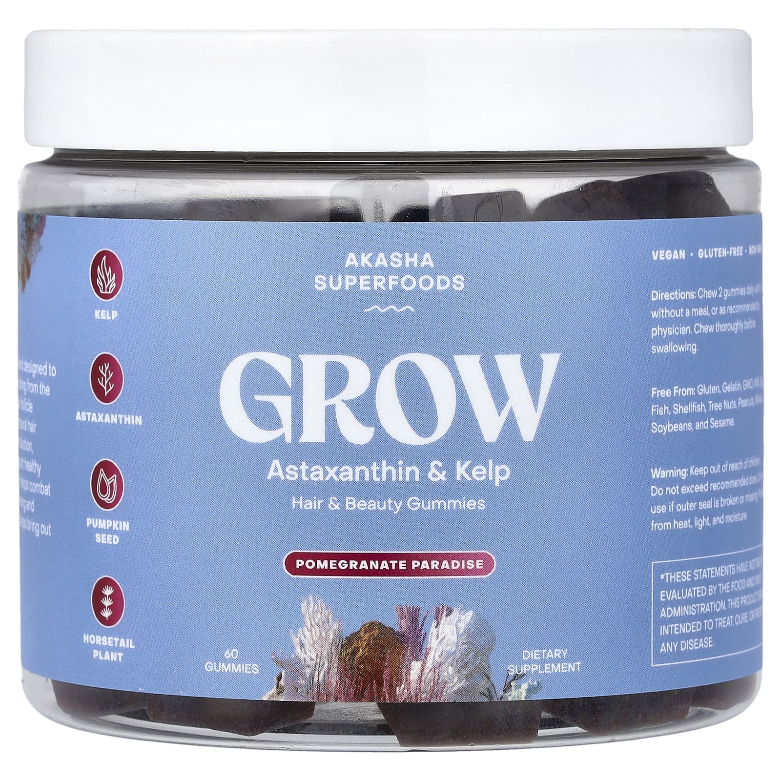Akasha Superfoods, Grow, жевательные таблетки для волос и красоты, со вкусом граната, 60 жевательных таблеток